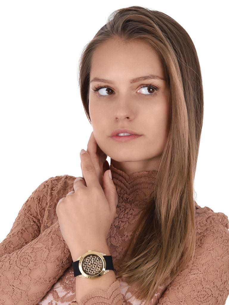 Guess Clarity Gold Dial Black Silicone Strap Watch for Women - GW0109L1 Buy Now By Guess