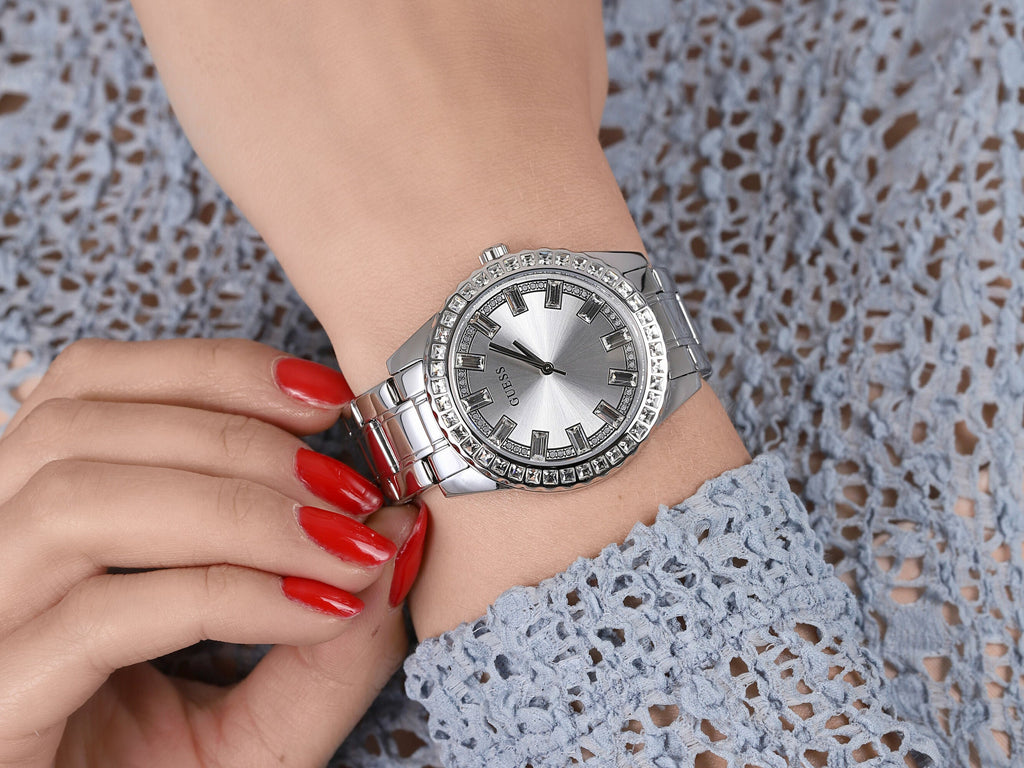 Guess Sparkler Diamonds Silver Dial Silver Steel Strap Watch for Women - GW0111L1 Buy Now By Guess