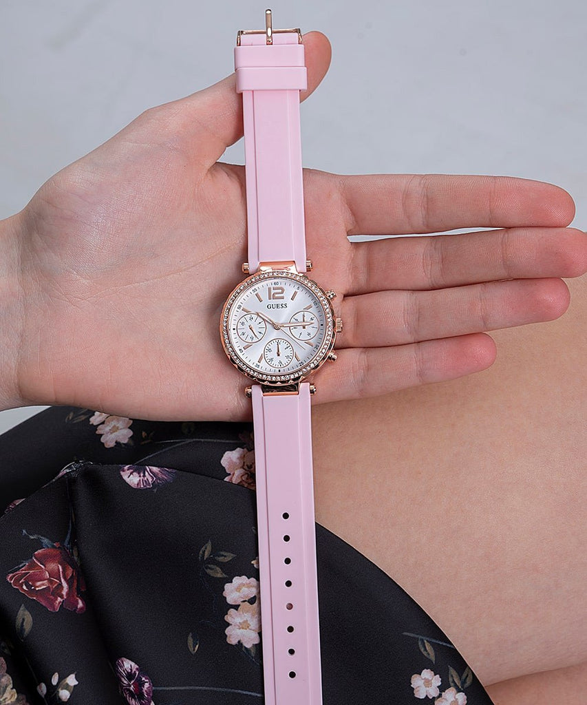 Guess Solstice Diamonds White Dial Pink Rubber Strap Watch For Women - GW0113L4 Buy Now By Guess