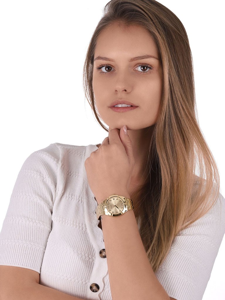 Guess Crystalline Diamonds Gold Dial Gold Steel Strap Watch for Women - GW0114L2 Buy Now By Guess
