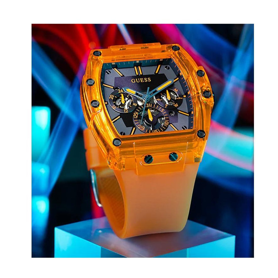 Guess Phoenix Multifunction Black Dial Orange Rubber Strap Watch For Men - GW0203G10 Buy Now By Guess