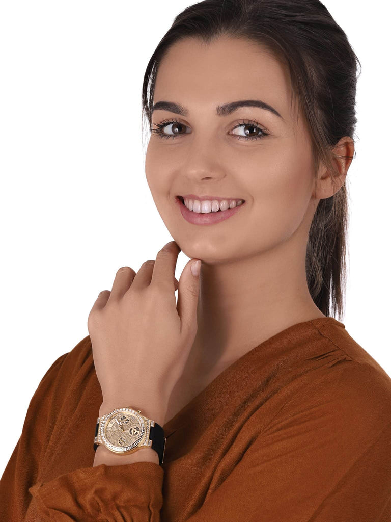 Guess Moonlight Crystals Silver Dial Black Silicone Strap Watch For Women - GW0257L1 Buy Now By Guess