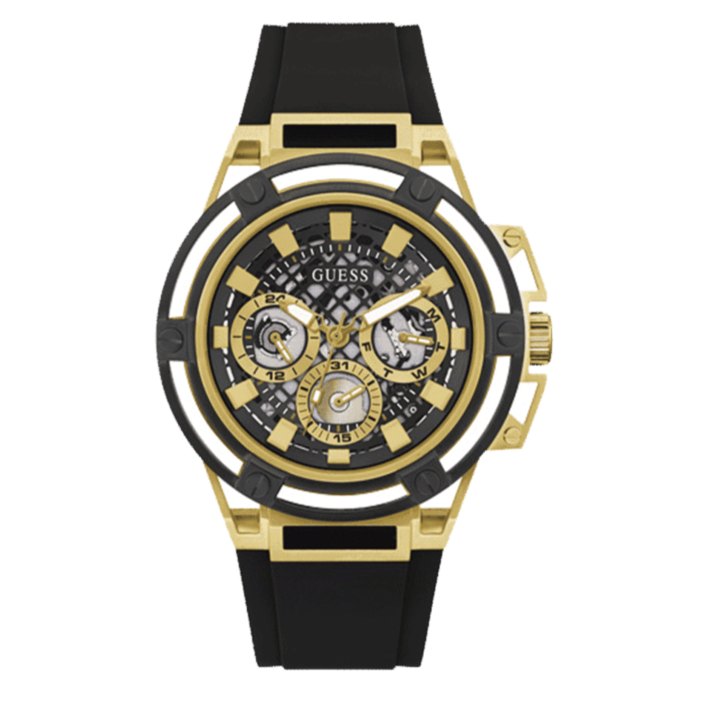 Guess Matrix Multifunction Gold Dial Black Rubber Strap Watch For Men - GW0423G2 Buy Now By Guess