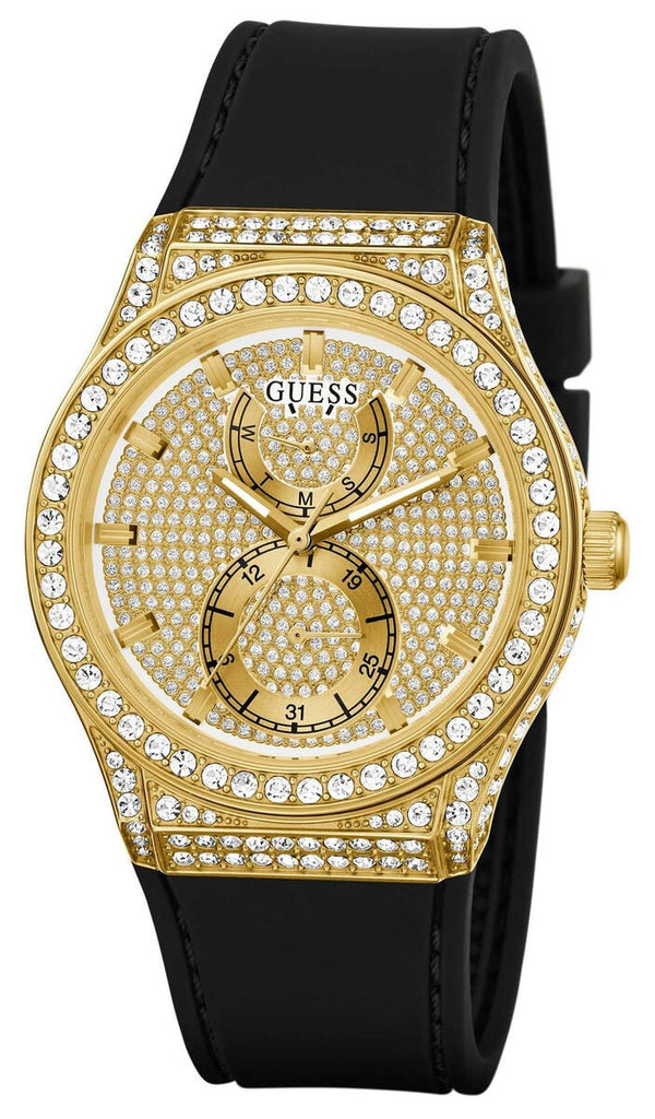 Guess Princess Crystals Gold Dial Black Silicone Strap Watch For Women - GW0439L2 Buy Now By Guess