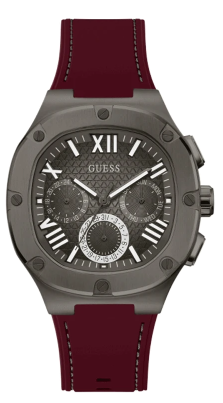 Guess Headline Multifunction Grey Dial Burgundy Silicone Strap Watch For Men - GW0571G4 Buy Now By Guess