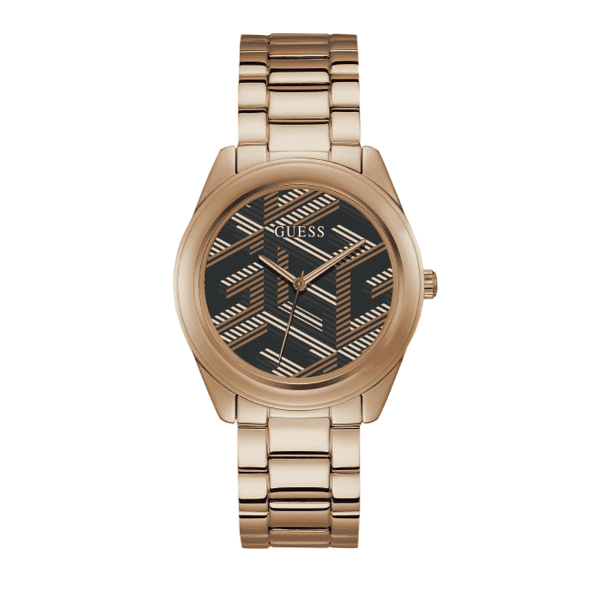 Guess Cubed Analog Black Dial Rose Gold Steel Strap Watch For Women - GW0607L3 Buy Now By Guess