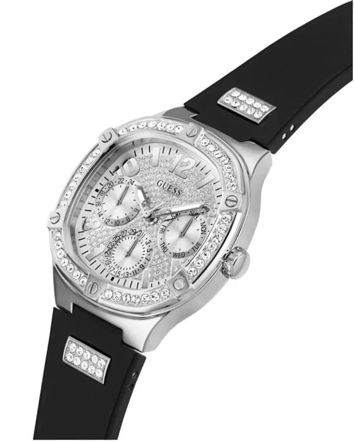 Guess Duchess Crystals Silver Dial Black Silicon Strap Watch For Women - GW0619L1 Buy Now By Guess