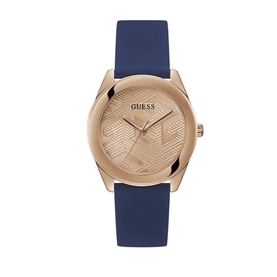 Guess Cubed Analog Rose Gold Dial Blue Leather Strap Watch For Women - GW0665L2 Buy Now By Guess