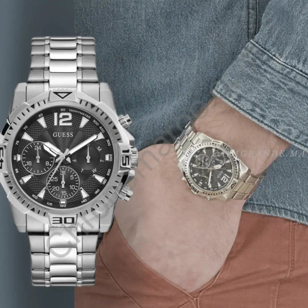 Guess Commander Chronograph Black Dial Silver Steel Strap Watch for Men - GW0056G1 Buy Now By Guess