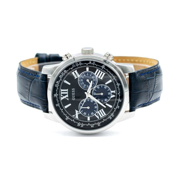 Guess Horizon Chronograph Quartz Black Dial Blue Leather Strap Watch For Men - W0380G3 Buy Now By Guess