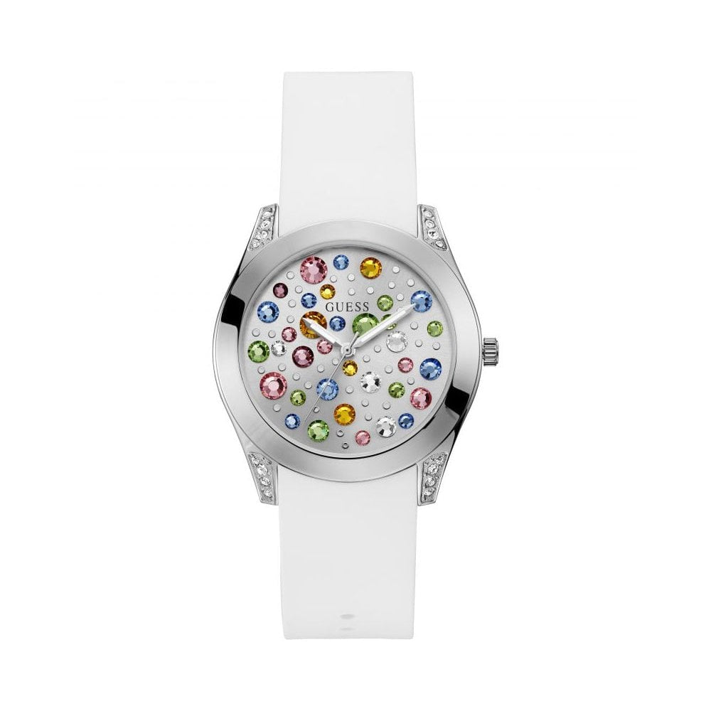 Guess Wanderlust Crystals Silver Dial White Rubber Strap Watch For Women - W1059L3 Buy Now By Guess