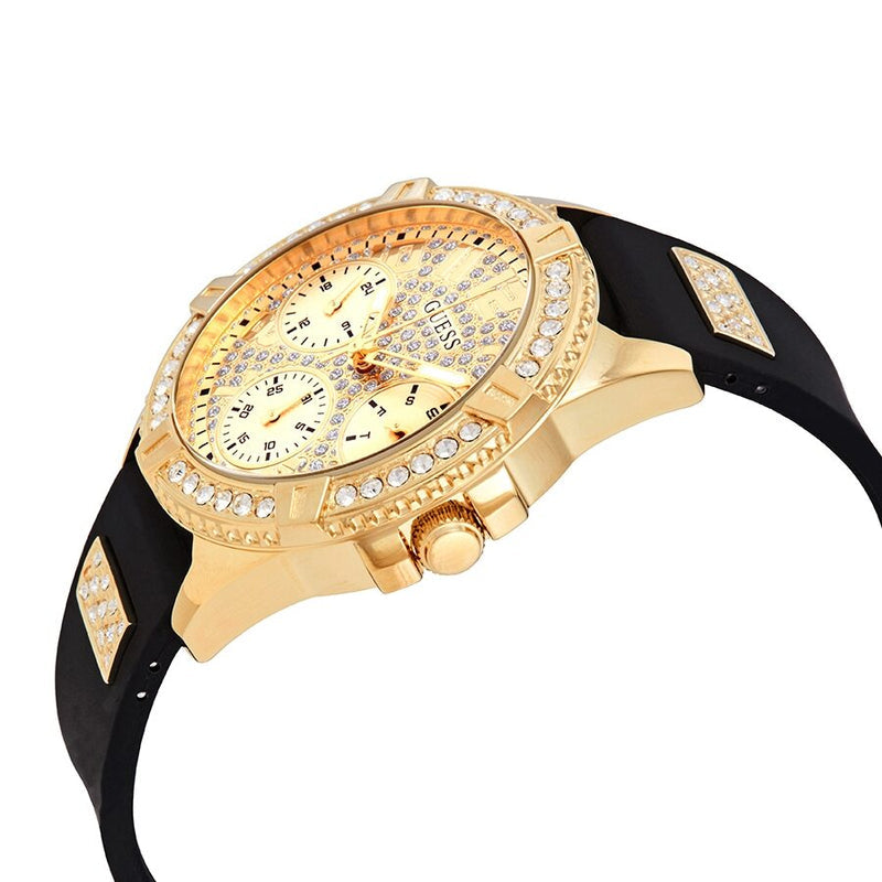 Guess Frontier Diamonds Gold Dial Black Rubber Strap Watch For Women - W1160L1 Buy Now By Guess