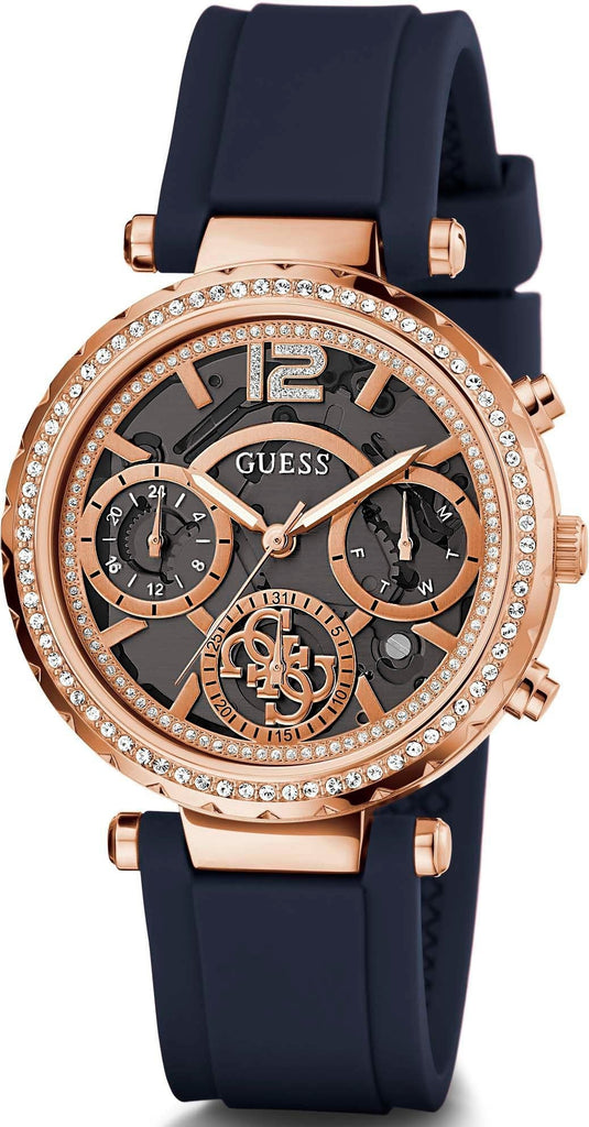 Guess Solistice Diamonds Roe Gold Dial Black Rubber Strap Watch for Women - GW0484L2 Buy Now By Guess