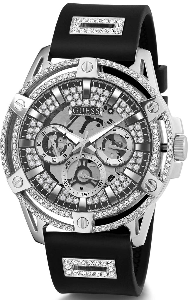 Guess King Quartz Crystals Silver Dial Black Silicone Strap Watch For Men - GW0537G1 Buy Now By Guess
