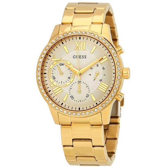 Guess Solar Chronograph Diamonds White Dial Gold Steel Strap Watch for Women - W1069L2 Buy Now By Guess