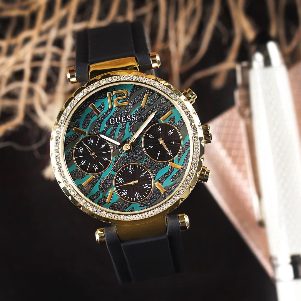 Guess Solstice Green Dial Black Rubber Strap Watch for Women - GW0113L1 Buy Now By Guess