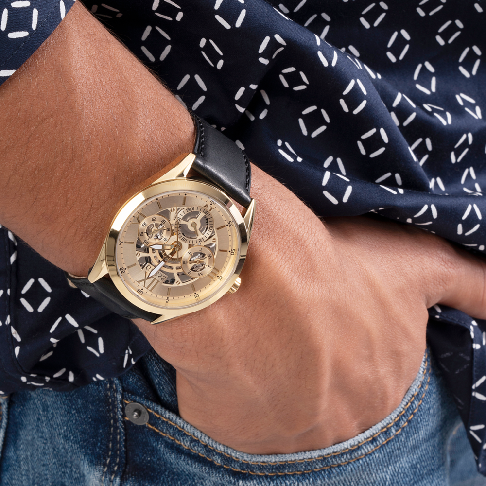 Guess Tailor Gold Dial Black Leather Strap Watch for Men - GW0389G2 Buy Now By Guess