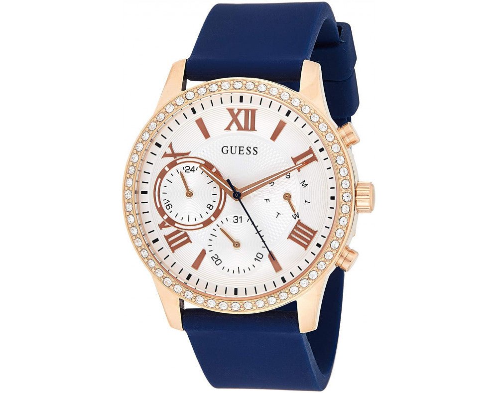 Guess Solar White Rose Gold Dial Blue Rubber Strap Watch For Women - W1135L3 Buy Now By Guess