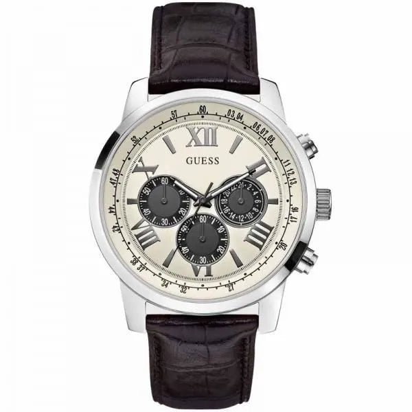Guess Chronograph Quartz White Dial Brown Leather Strap Watch For Men - W0380G1 Buy Now By Guess