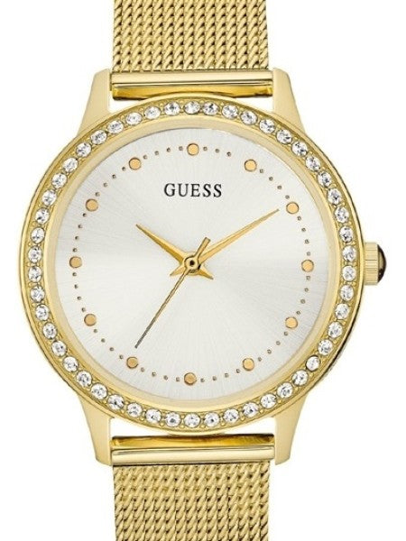 Guess Chelsea Crystals Mother of Pearl White Dial Gold Mesh Bracelet Watch For Women - W0647L7 Buy Now By Guess