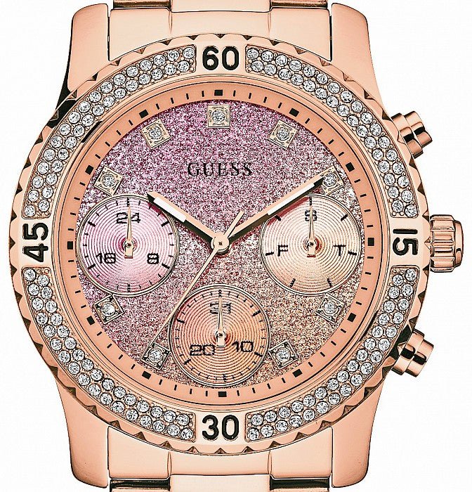 Guess Confetti Pink Dial Rose Gold Steel Strap Watch For Women - W0774L3 Buy Now By Guess