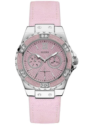 Guess Limelight Quartz Diamonds Pink Dial Pink Denim Strap Watch For Women - W0775l15 Buy Now By Guess