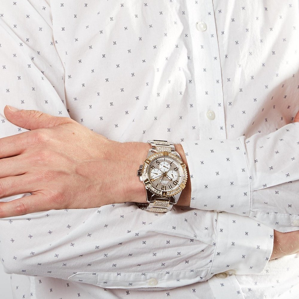 Guess Frontier Chronograph Crystals Silver Dial Two Tone Steel Strap Watch for Men - W0799G4 Buy Now By Guess