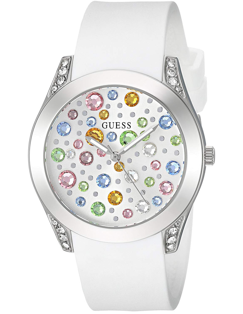Guess Wanderlust Crystals Silver Dial White Rubber Strap Watch for Women - W1059L1 Buy Now By Guess