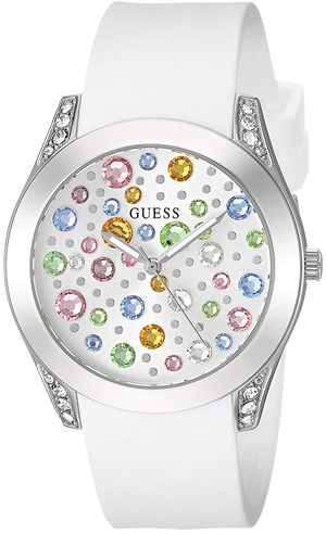 Guess Wanderlust Crystals Silver Dial White Rubber Strap Watch for Women - W1059L1 Buy Now By Guess