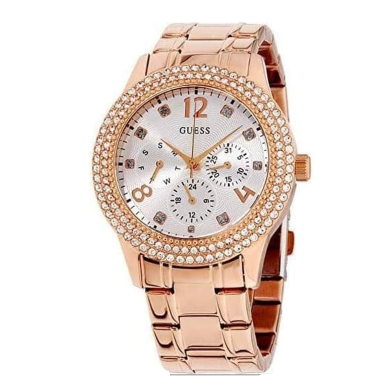 Guess Bedazzle Diamonds Silver Dial Rose Gold Steel Strap Watch For Women - W1097L3 Buy Now By Guess