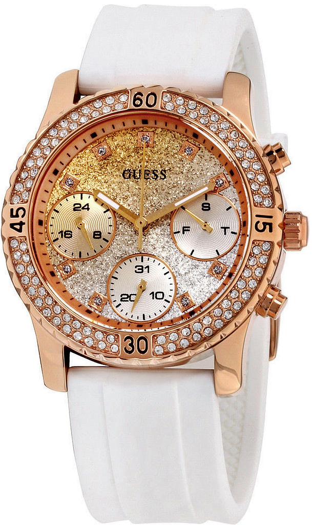 Guess Confetti Crystal Rose Gold Dial White Silicone Strap Watch For Women - W1098L5 Buy Now By Guess