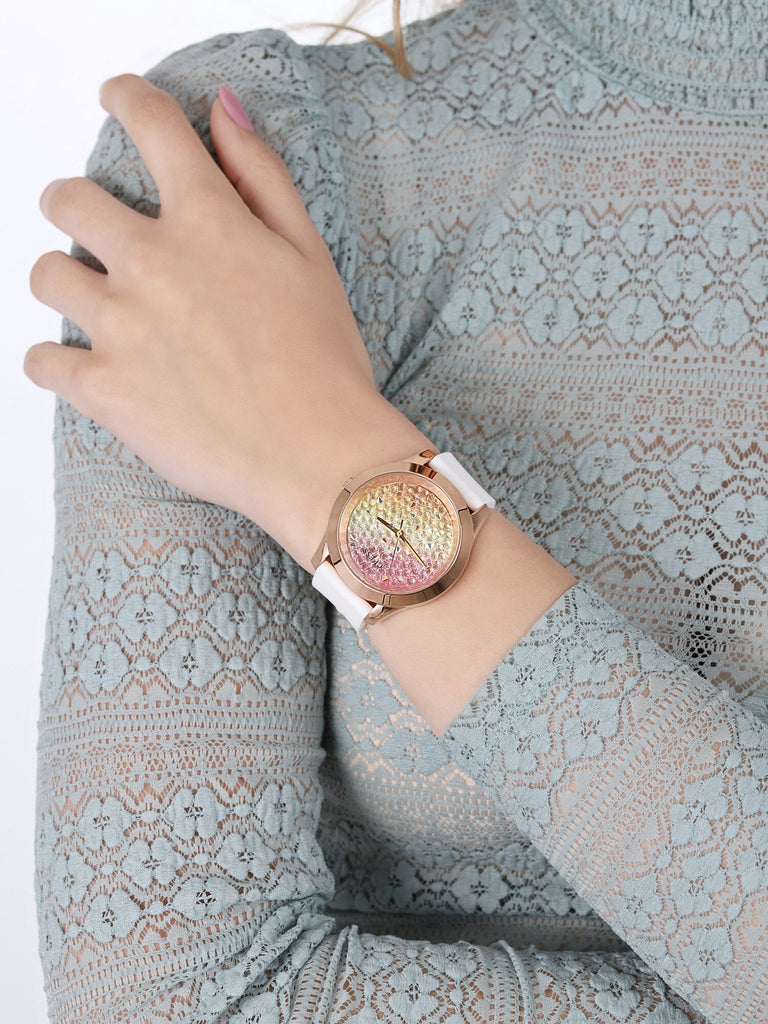 Guess Crush Crystals Gold Dial White Rubber Strap Watch for Women - W1223L3 Buy Now By Guess