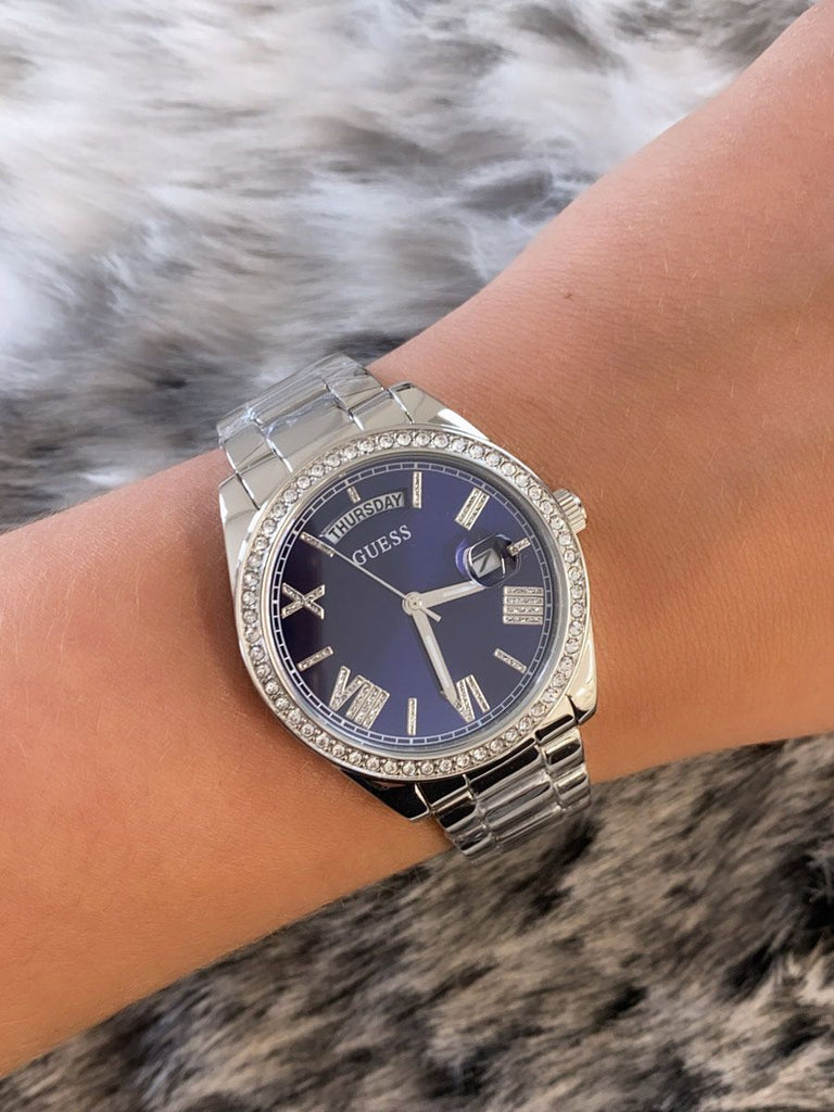 Guess Luna Diamonds Blue Dial Silver Steel Strap Watch for Women - GW0307L1 Buy Now By Guess