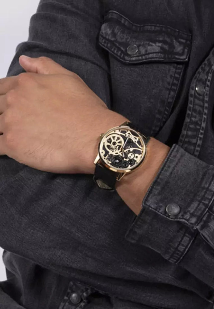 Guess Gadget Gold Dial Black Leather Strap Watch for Men - GW0570G1 Buy Now By Guess