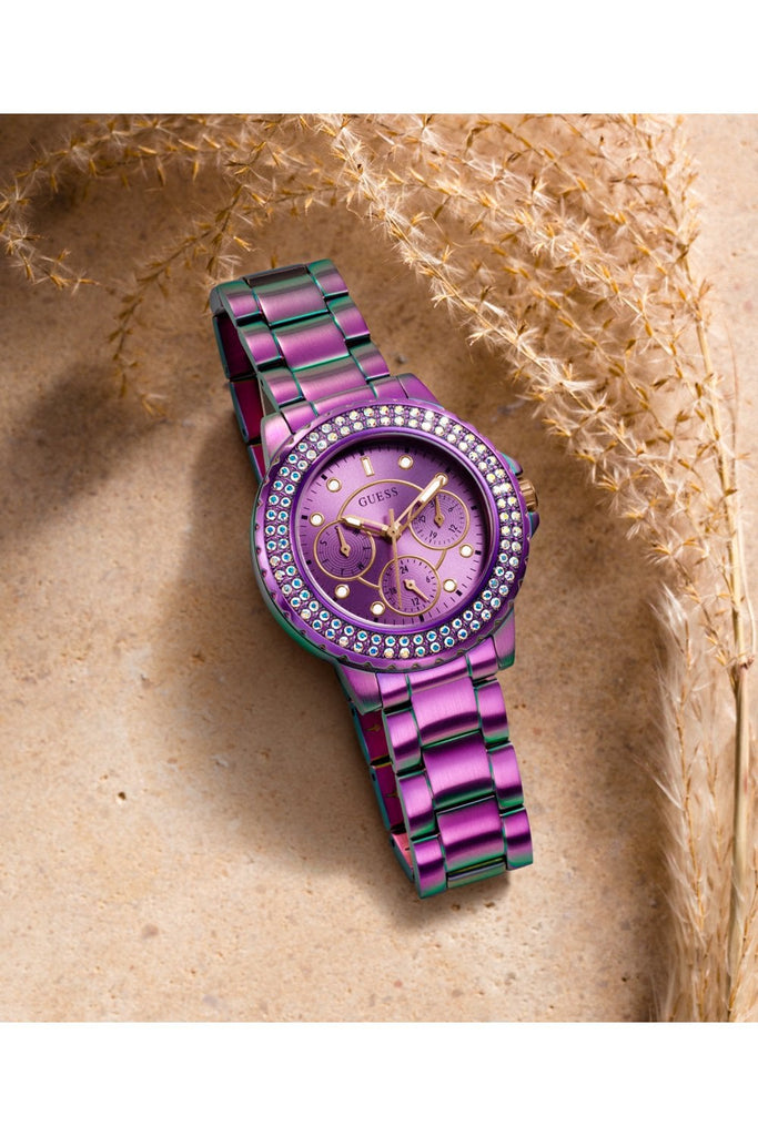 Guess Crown Jewel Diamonds Purple Dial Purple Steel Strap Watch for Women - GW0410L4 Buy Now By Guess
