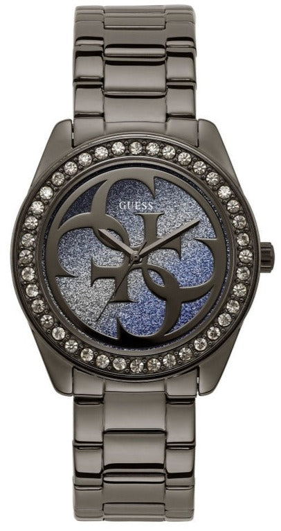 Guess G Twist Diamonds Purple Dial Black Steel Strap Watch For Women - W1201L4 Buy Now By Guess