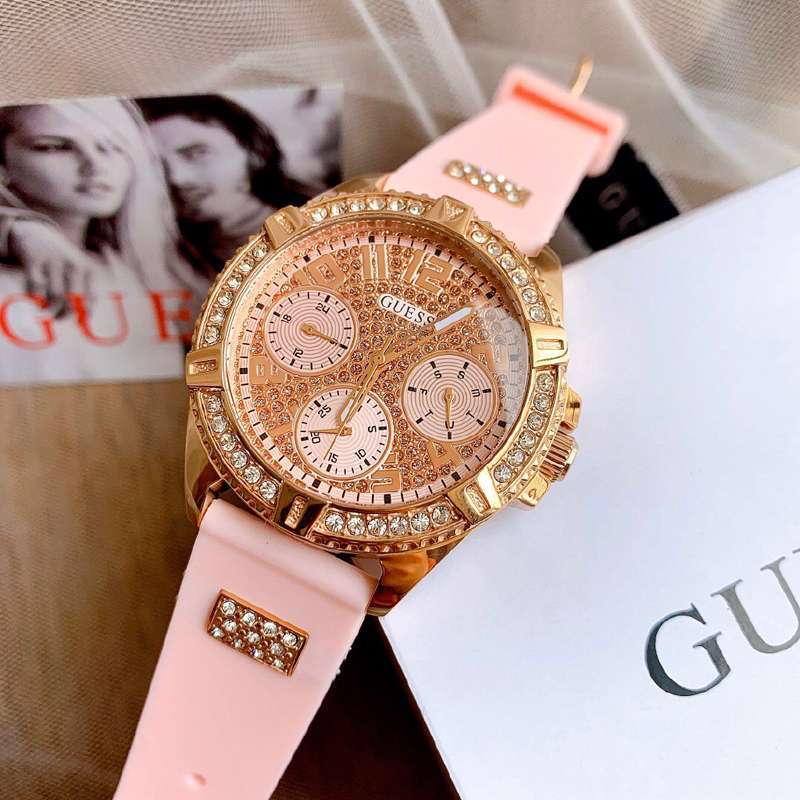 Guess Frontier Diamonds Rose Gold Dial Pink Rubber Strap Watch For Women - W1160L5 Buy Now By Guess