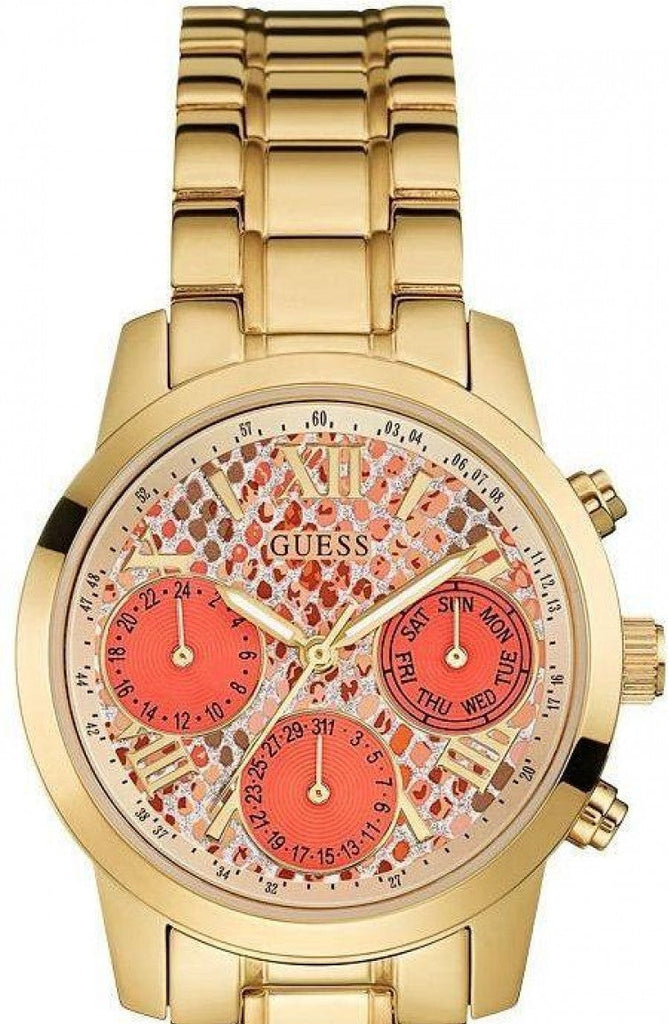 Guess Mini Sunrise Quartz Analog Orange Dial Gold Steel Strap Watch For Women - W0448L7 Buy Now By Guess