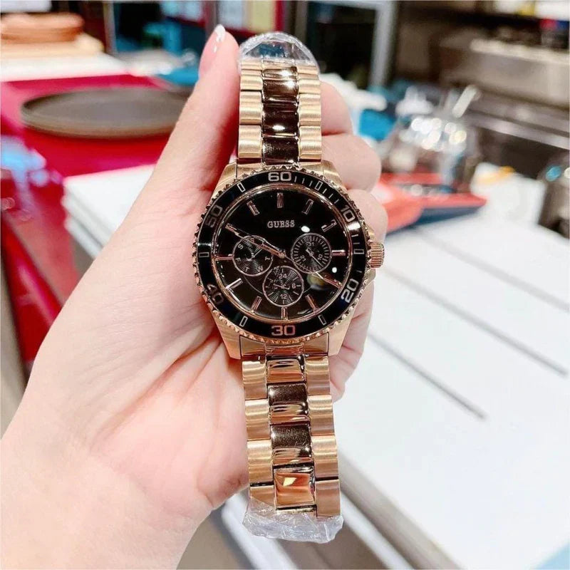 Guess BFF Multifunction Black Dial Rose Gold Steel Strap Watch for Women - W0231L7 Buy Now By Guess