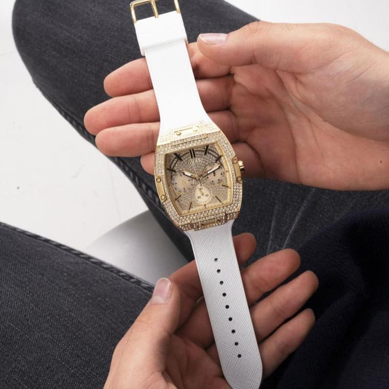 Guess Phoenix Multifunction Quartz Gold Dial White Silicon Strap Watch For Men - GW0048G3 Buy Now By Guess
