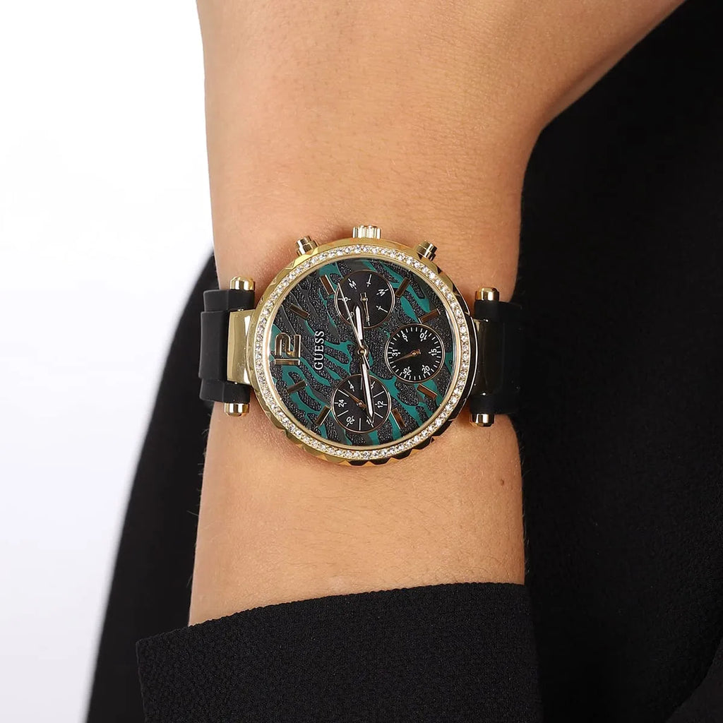 Guess Solstice Diamonds Black Mother of Pearl Dial Black Rubber Strap Watch for Women - GW0113L2 Buy Now By Guess