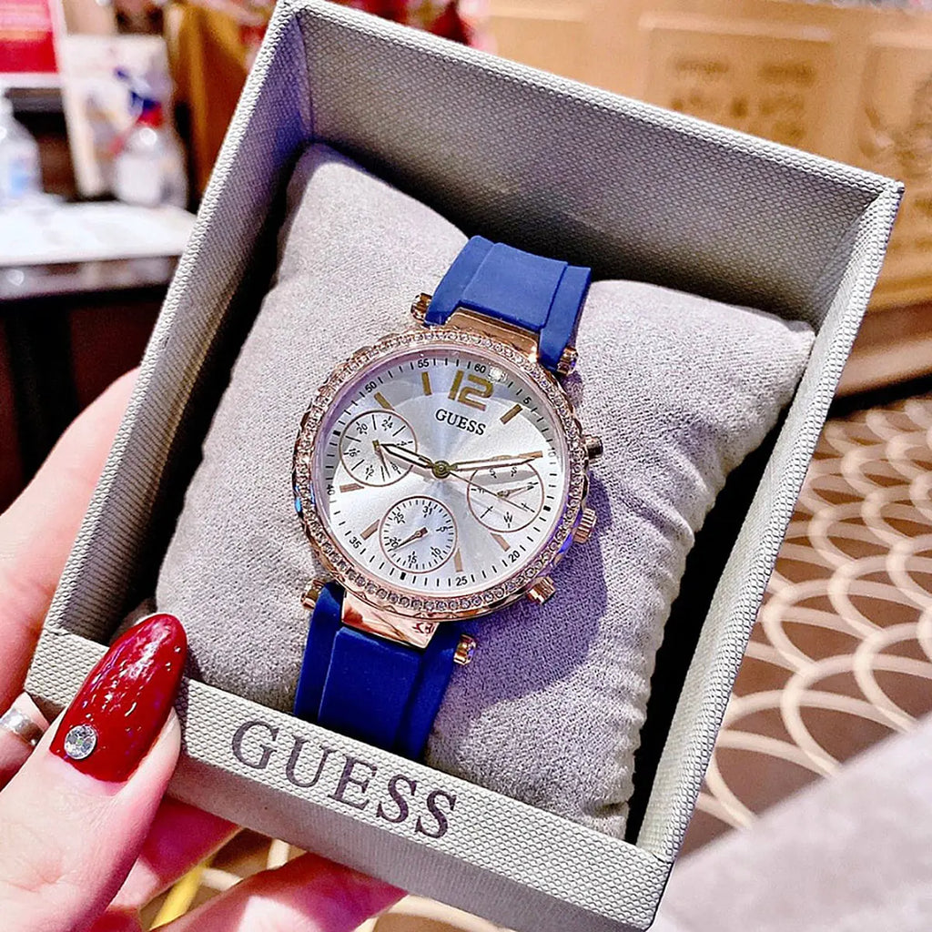 Guess Solstice Diamonds Silver Dial Blue Rubber Strap Watch for Women - GW0113L3 Buy Now By Guess