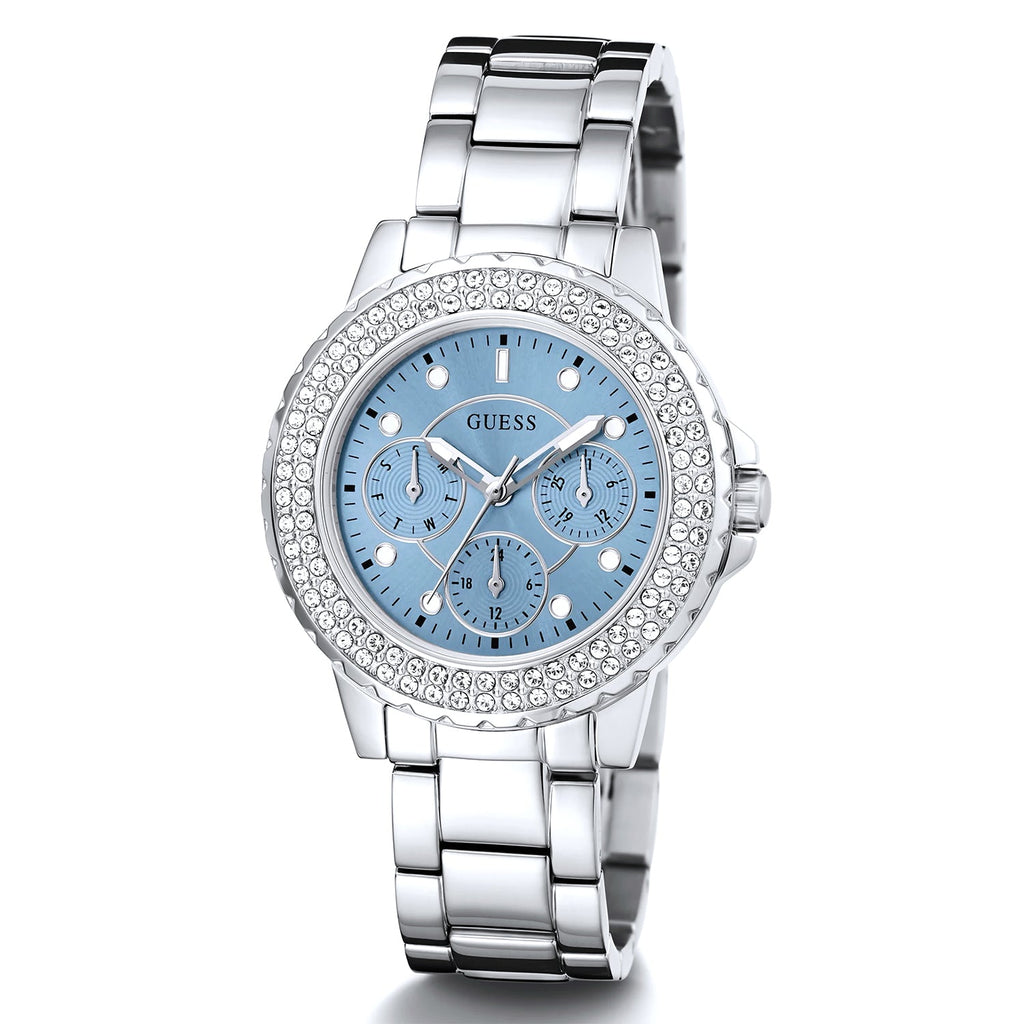 Guess Crown Jewel Diamonds Blue Dial Silver Steel Strap Watch for Women - GW0410L1 Buy Now By Guess