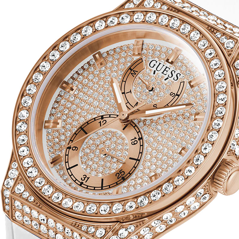 Guess Sport Multifunction Crystals Rose Gold Dial White Rubber Strap Watch For Women - GW0439L3 Buy Now By Guess