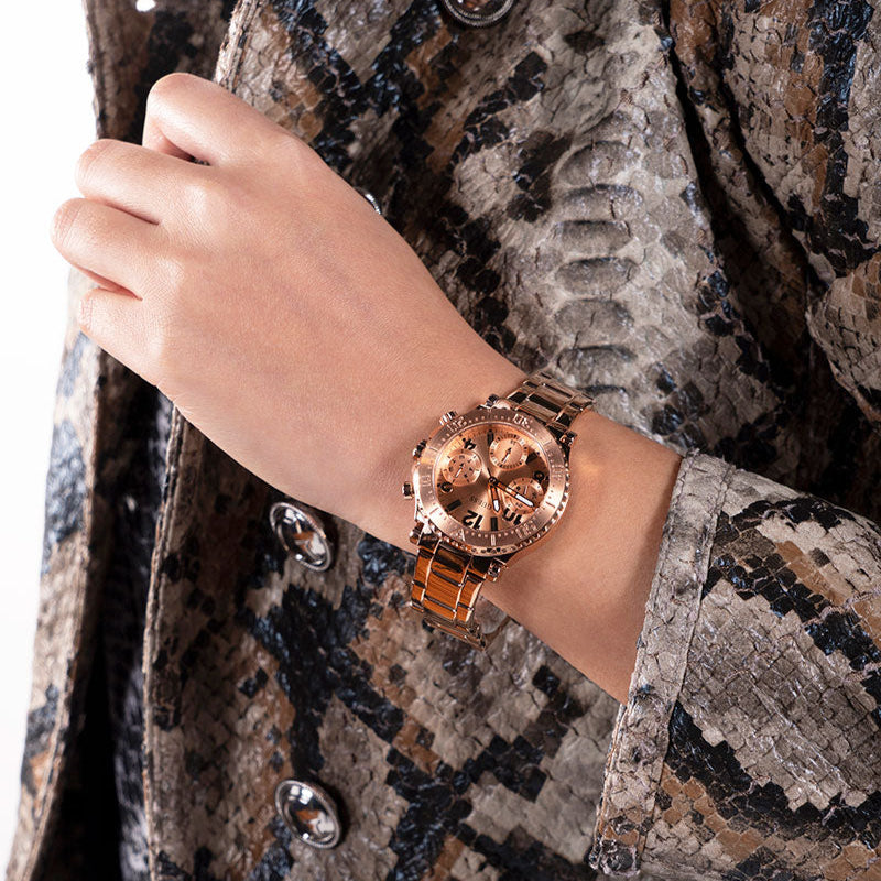 Guess Cosmic Chronograph Rose Gold Dial Rose Gold Steel Strap Watch for Women - GW0465L2 Buy Now By Guess