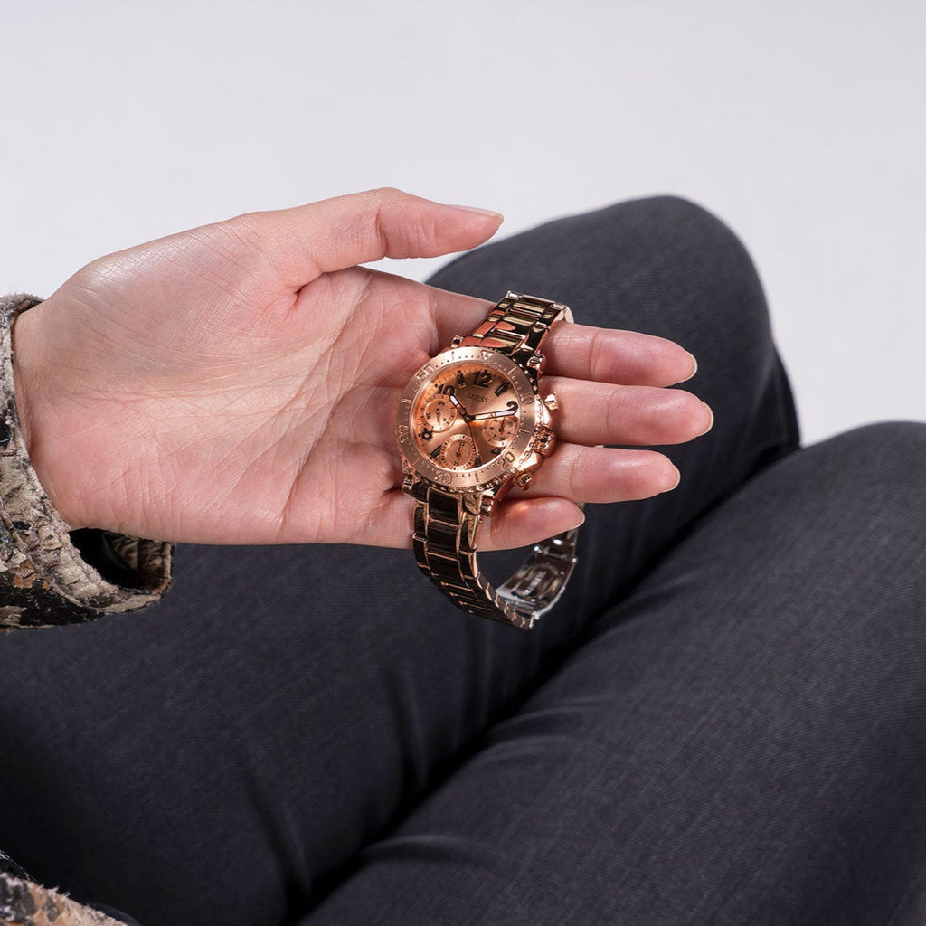 Guess Cosmic Chronograph Rose Gold Dial Rose Gold Steel Strap Watch for Women - GW0465L2 Buy Now By Guess
