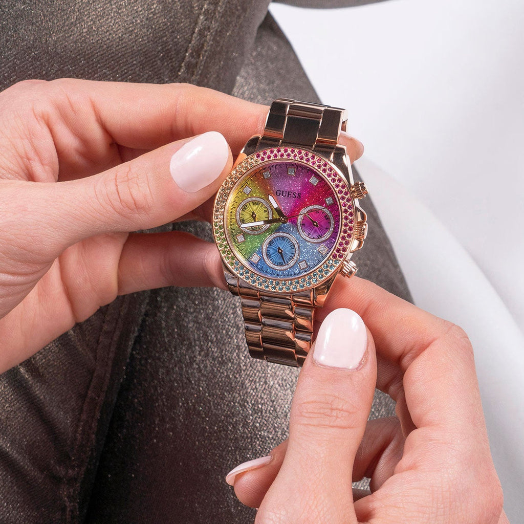 Guess Confetti Multifunction Multicolor Dial Rose Gold Steel Strap Watch For Women - GW0483L3 Buy Now By Guess