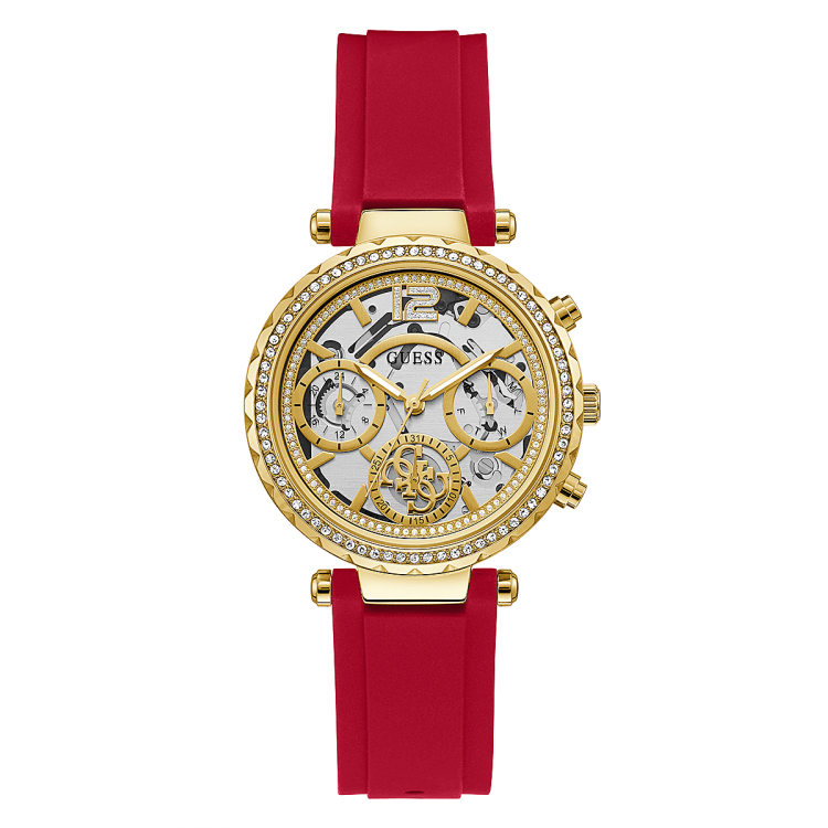 Guess Solstice Diamonds Gold Dial Red Rubber Strap Watch for Women - GW0484L1 Buy Now By Guess