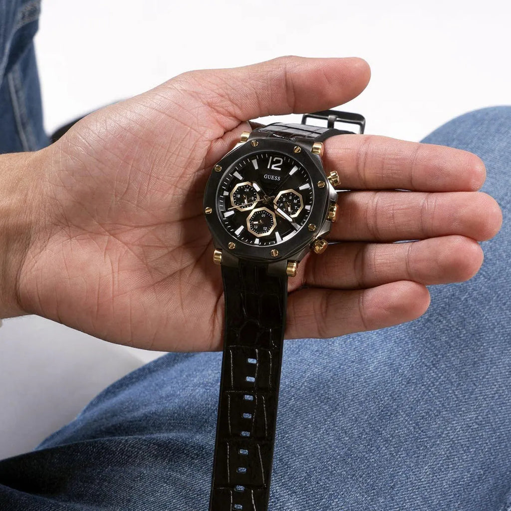 Guess Edge Chronograph Black Dial Black Leather Strap Watch For Men - GW0492G1 Buy Now By Guess