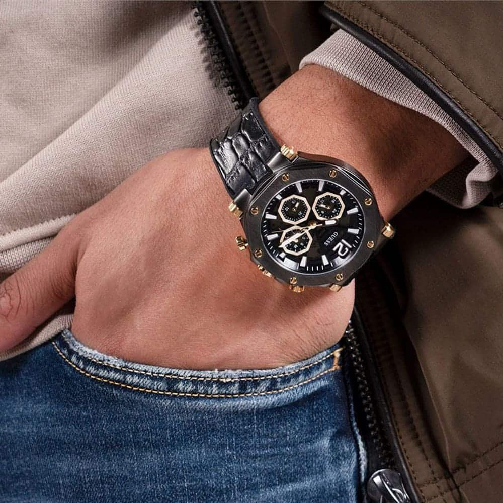 Guess Edge Chronograph Black Dial Black Leather Strap Watch For Men - GW0492G1 Buy Now By Guess